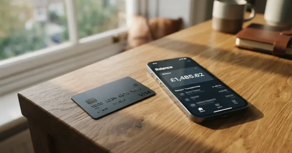A payment card next to a phone with a crypto wallet app open