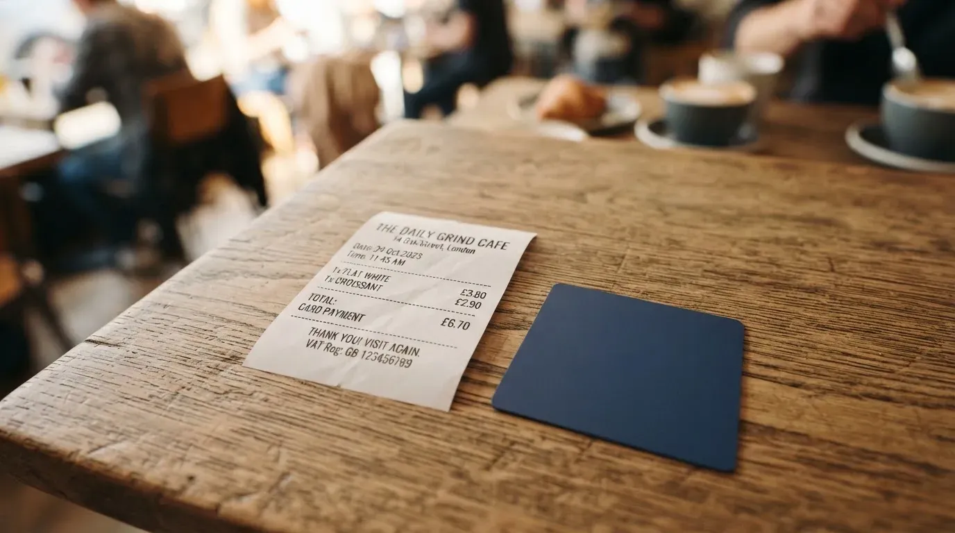 A receipt and a card on a café table