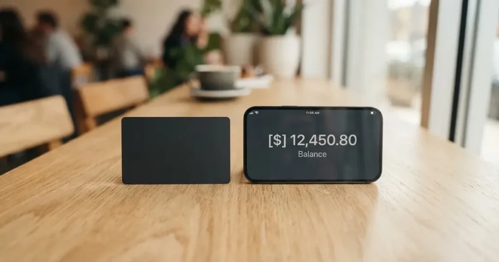 A payment card next to a phone with a crypto wallet app open