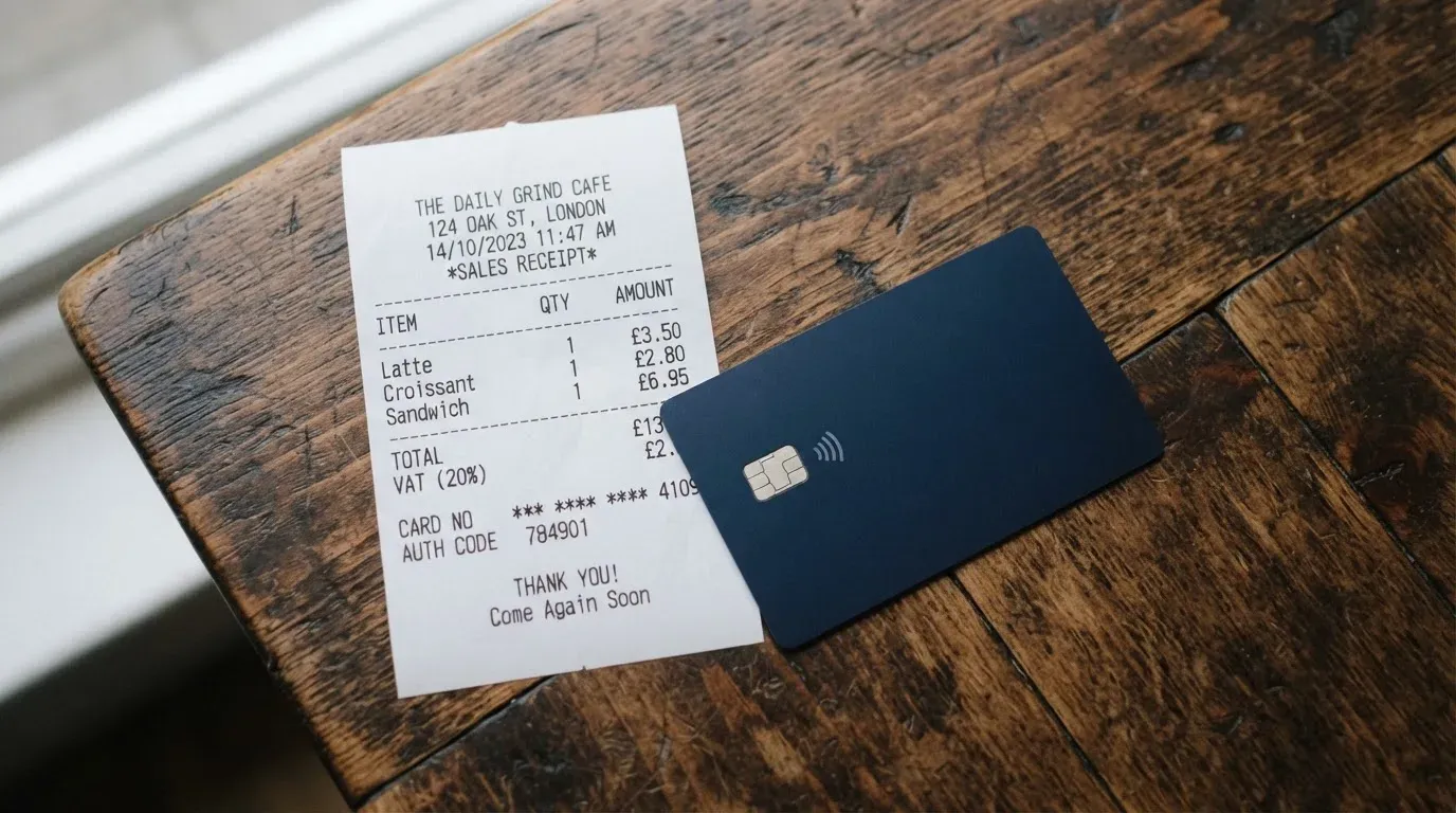 A receipt and a card on a café table