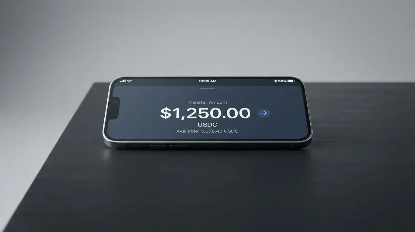 A phone showing a stablecoin transfer screen