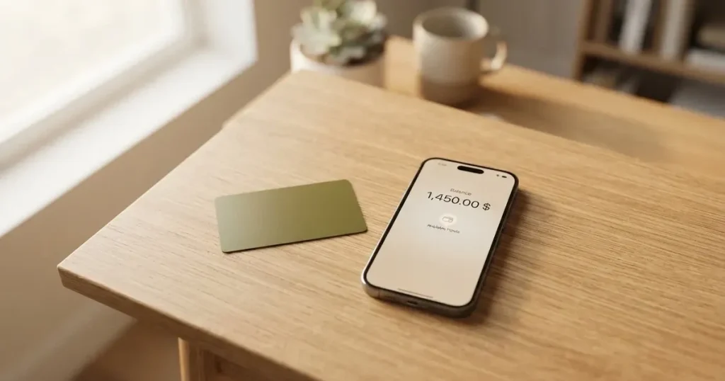 A payment card next to a phone with a crypto wallet app open