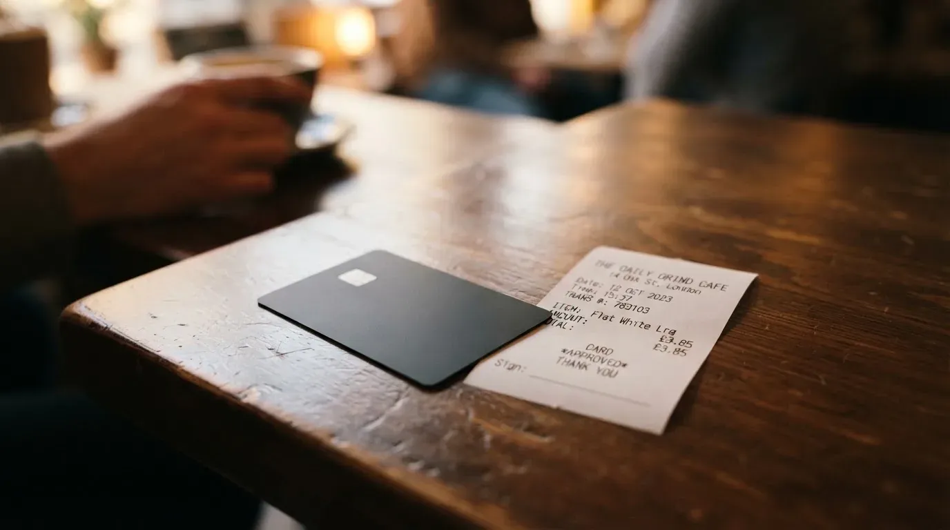 A receipt and a card on a café table