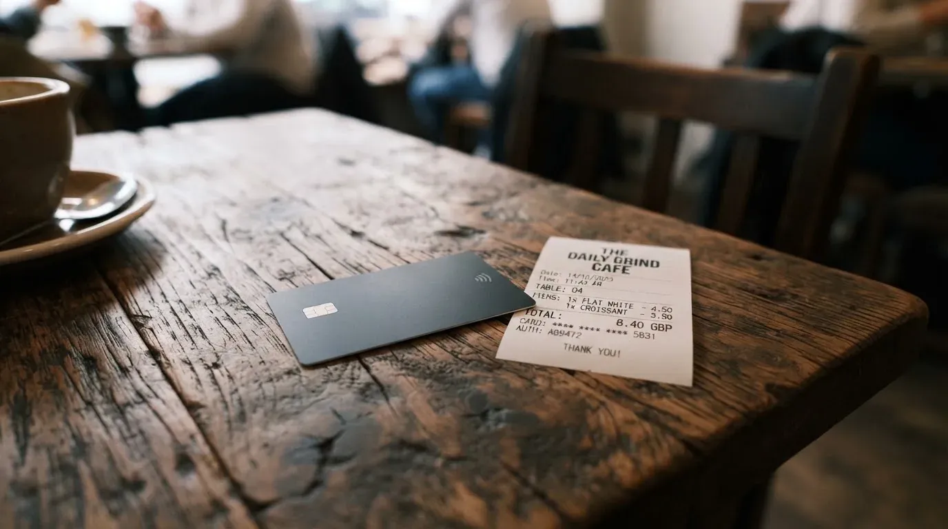 A receipt and a card on a café table