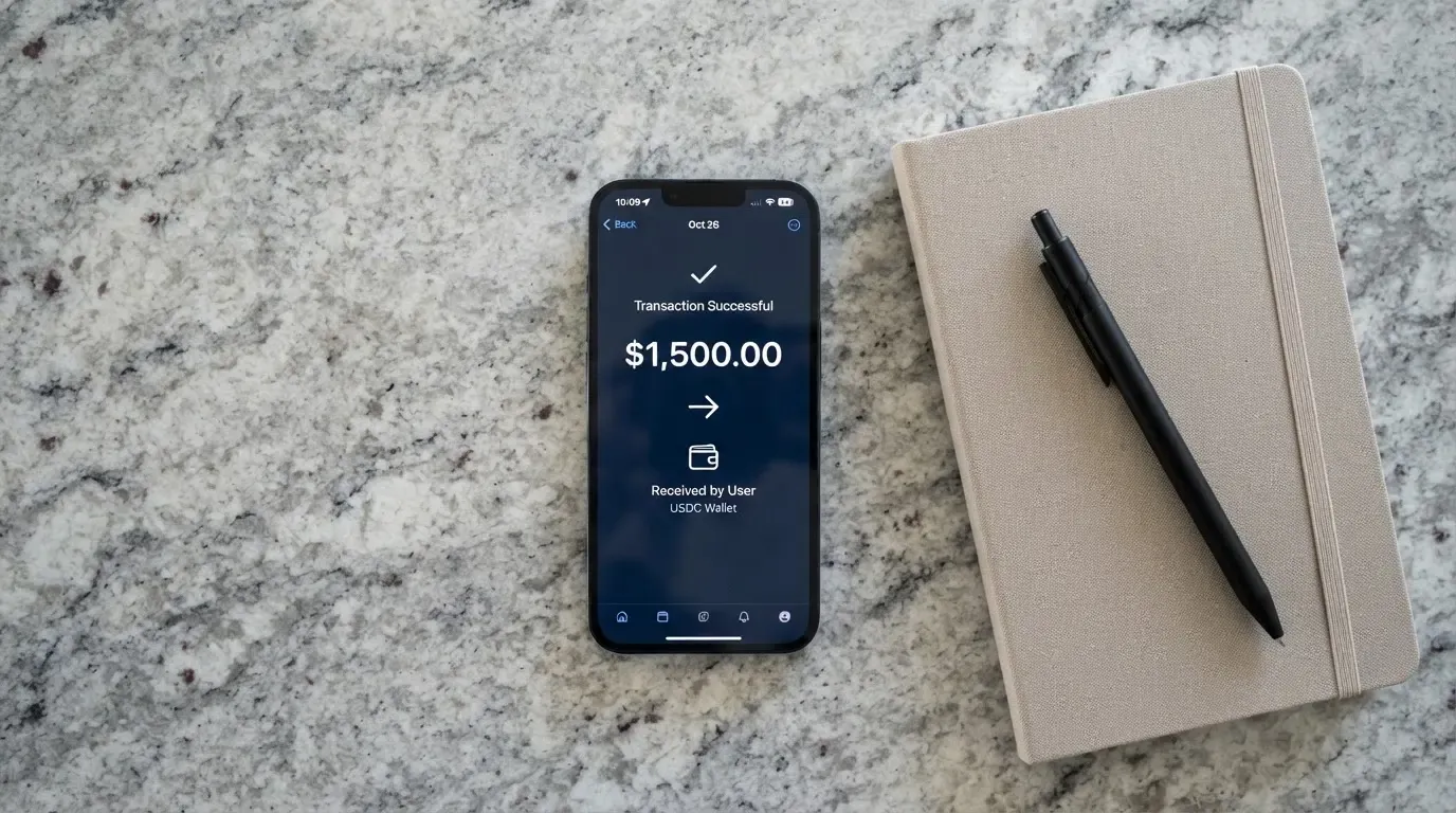 A phone showing a stablecoin transfer screen