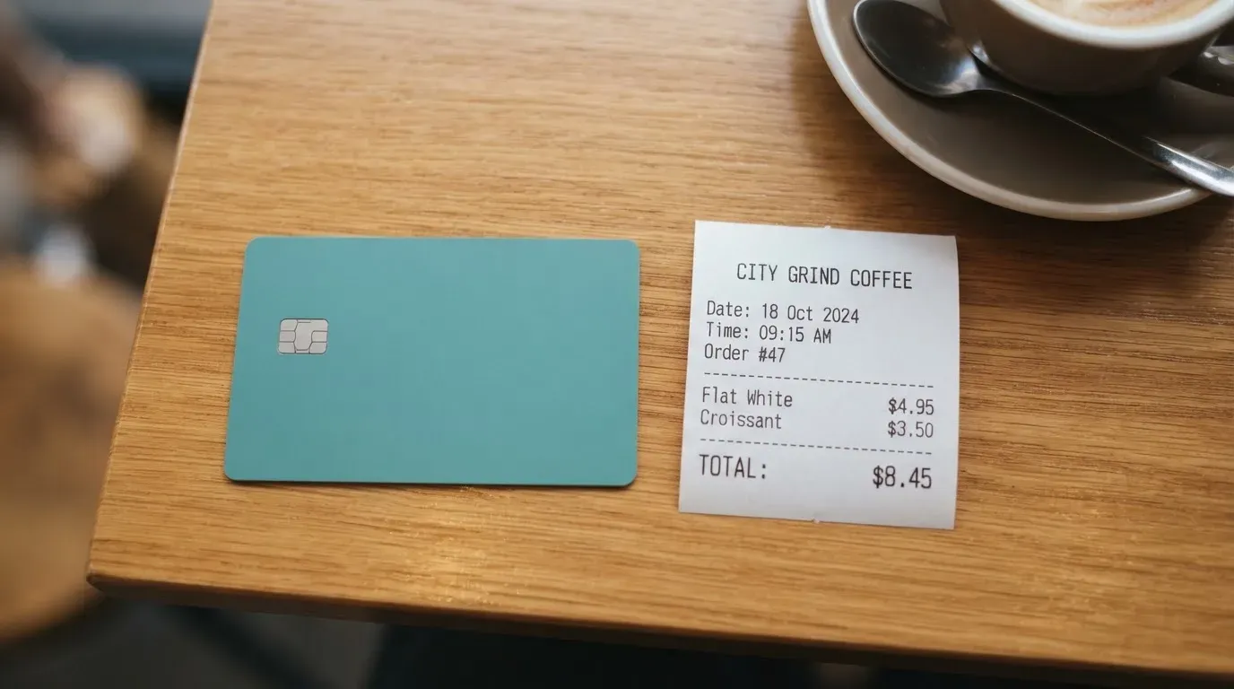 A receipt and a card on a café table