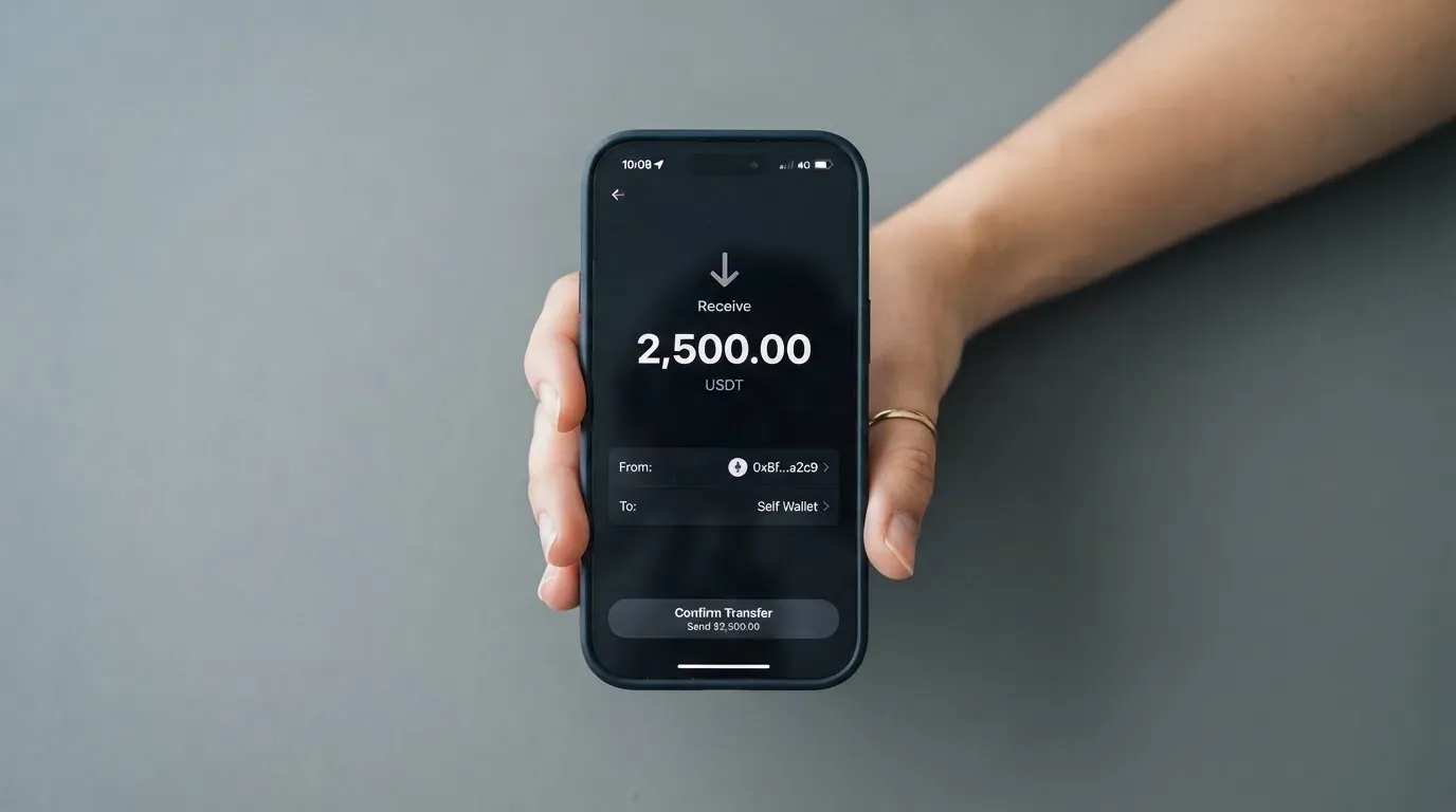 A phone showing a stablecoin transfer screen