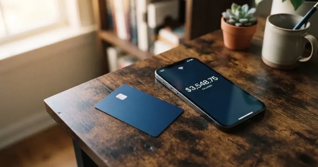 A payment card next to a phone with a crypto wallet app open