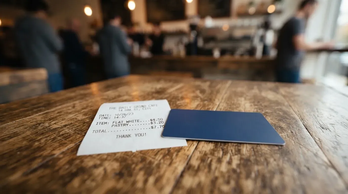 A receipt and a card on a café table