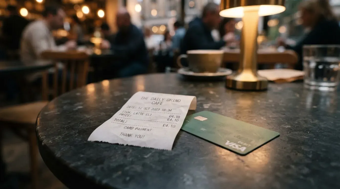 A receipt and a card on a café table
