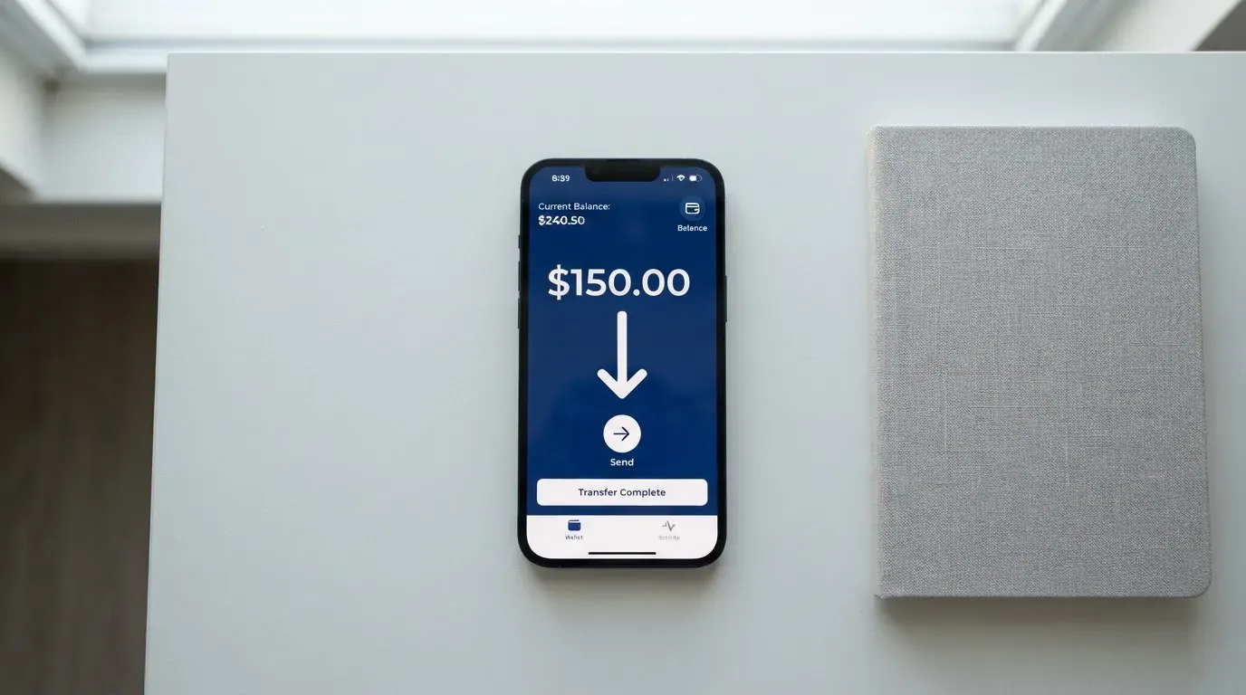A phone showing a stablecoin transfer screen