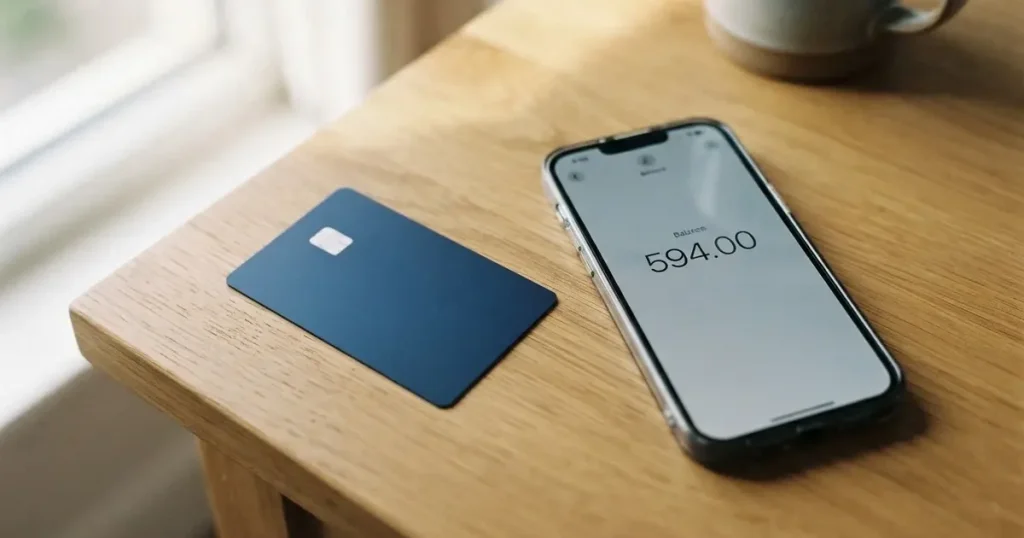 A payment card next to a phone with a crypto wallet app open