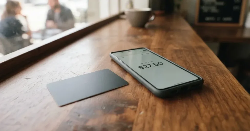 A payment card next to a phone with a crypto wallet app open