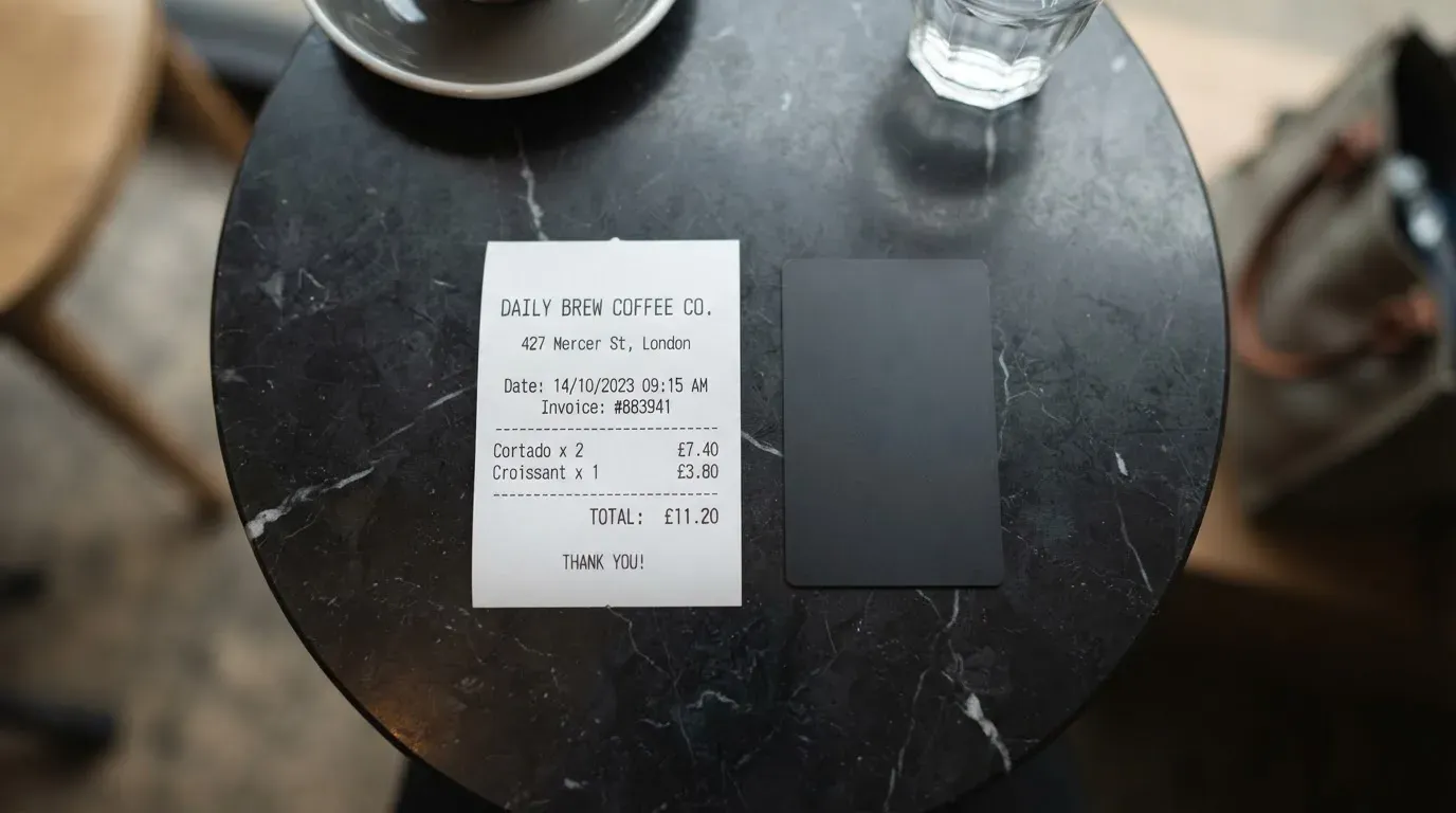 A receipt and a card on a café table