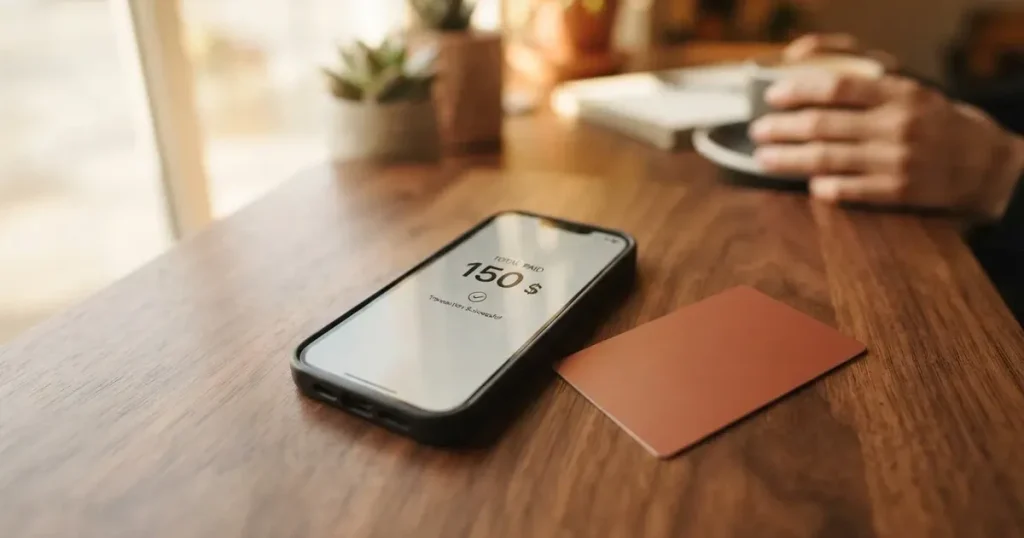 A payment card next to a phone with a crypto wallet app open