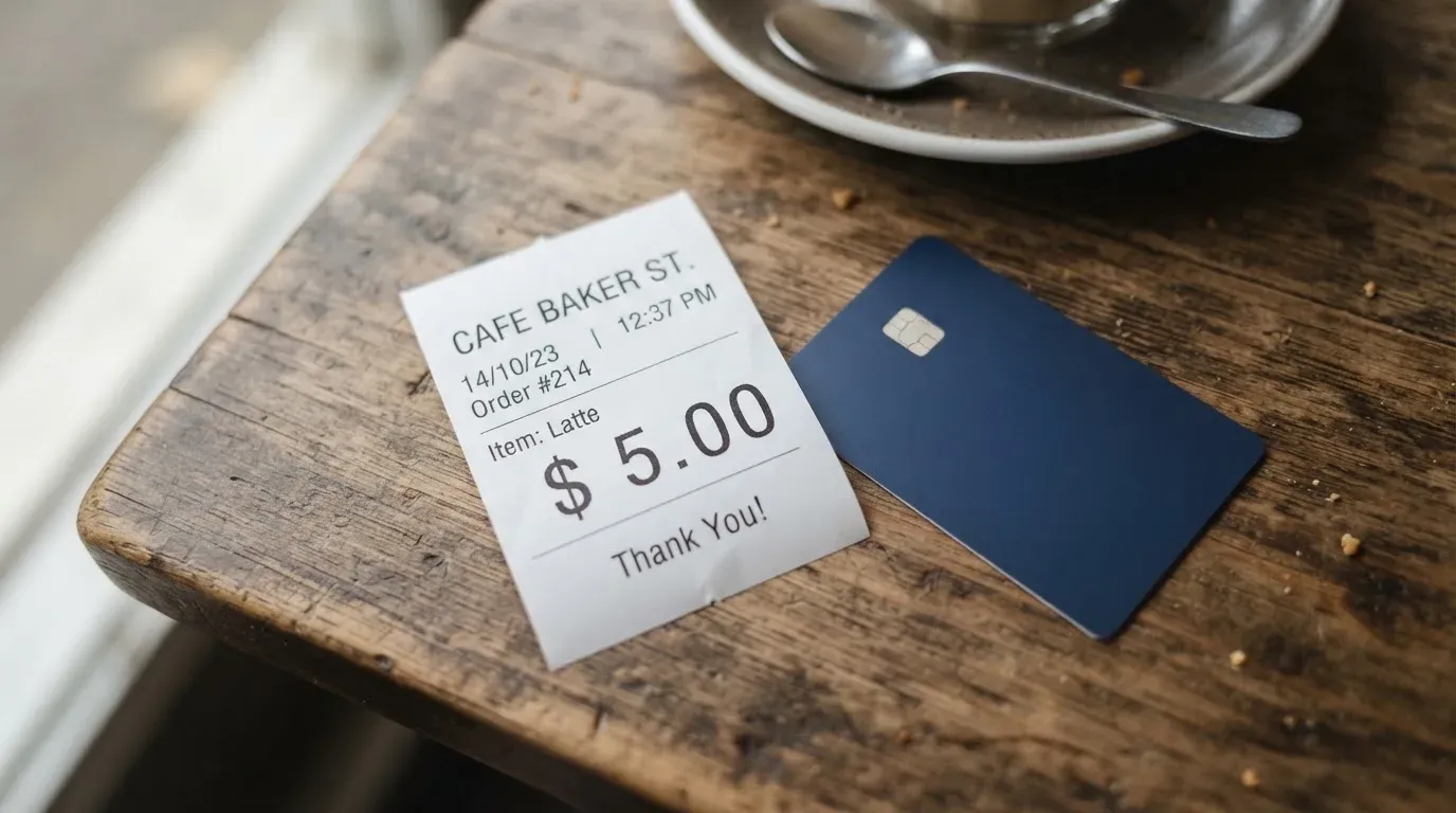 A receipt and a card on a café table