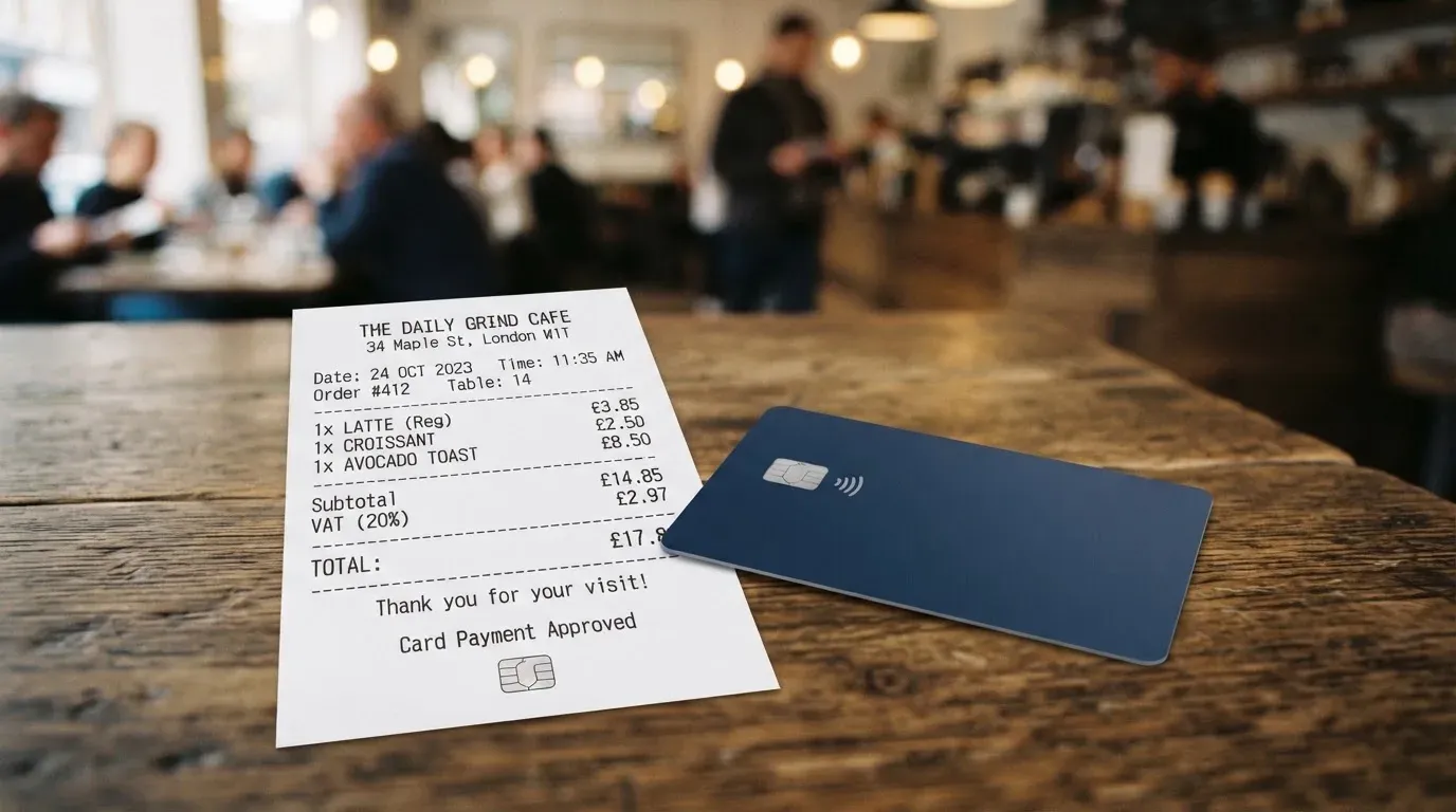 A receipt and a card on a café table