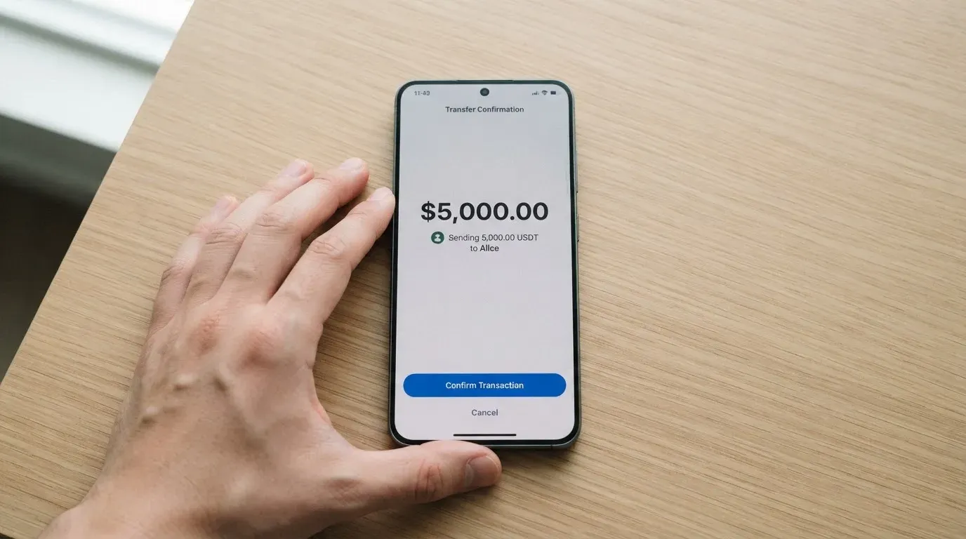 A phone showing a stablecoin transfer screen