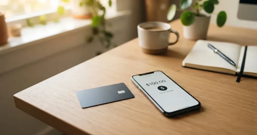 A payment card next to a phone with a crypto wallet app open