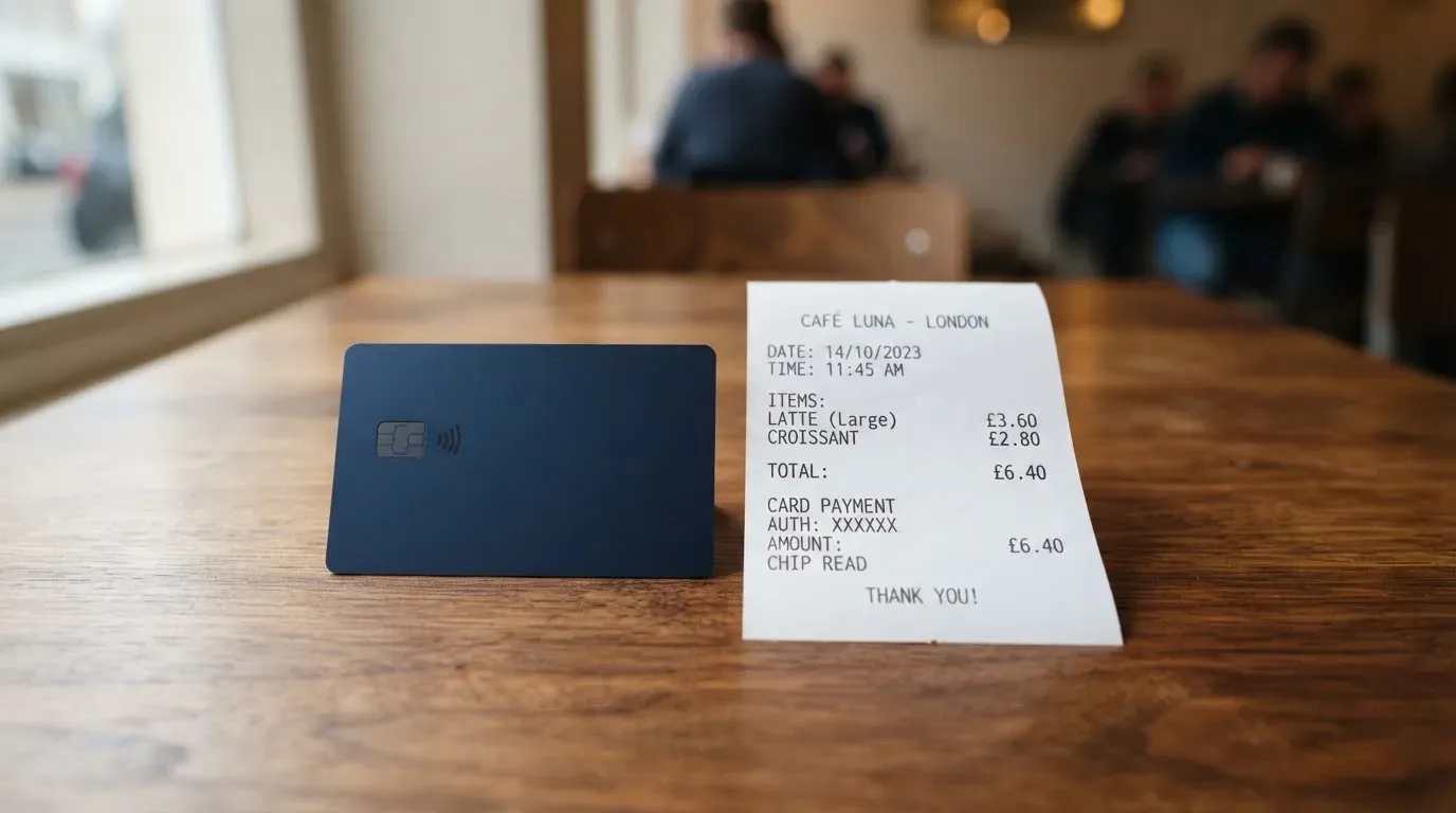 A receipt and a card on a café table