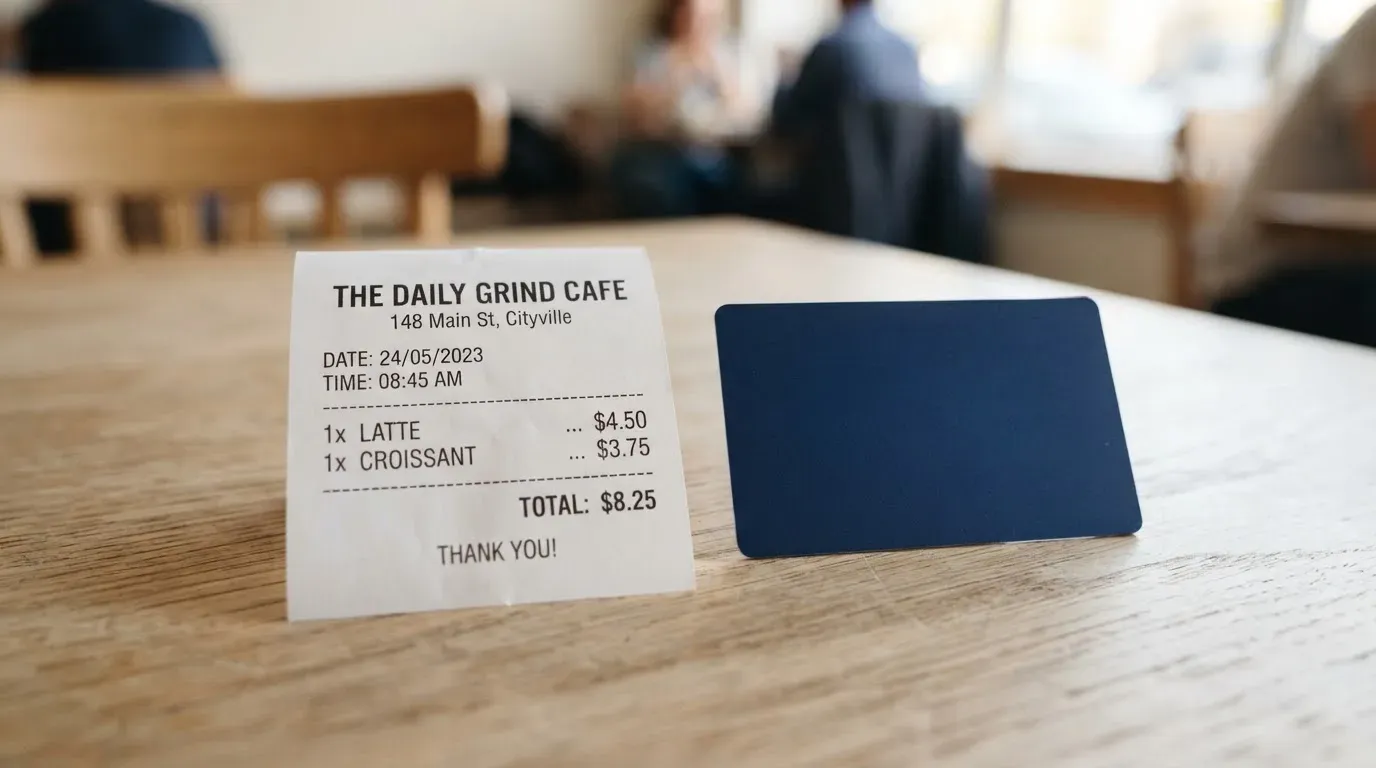 A receipt and a card on a café table
