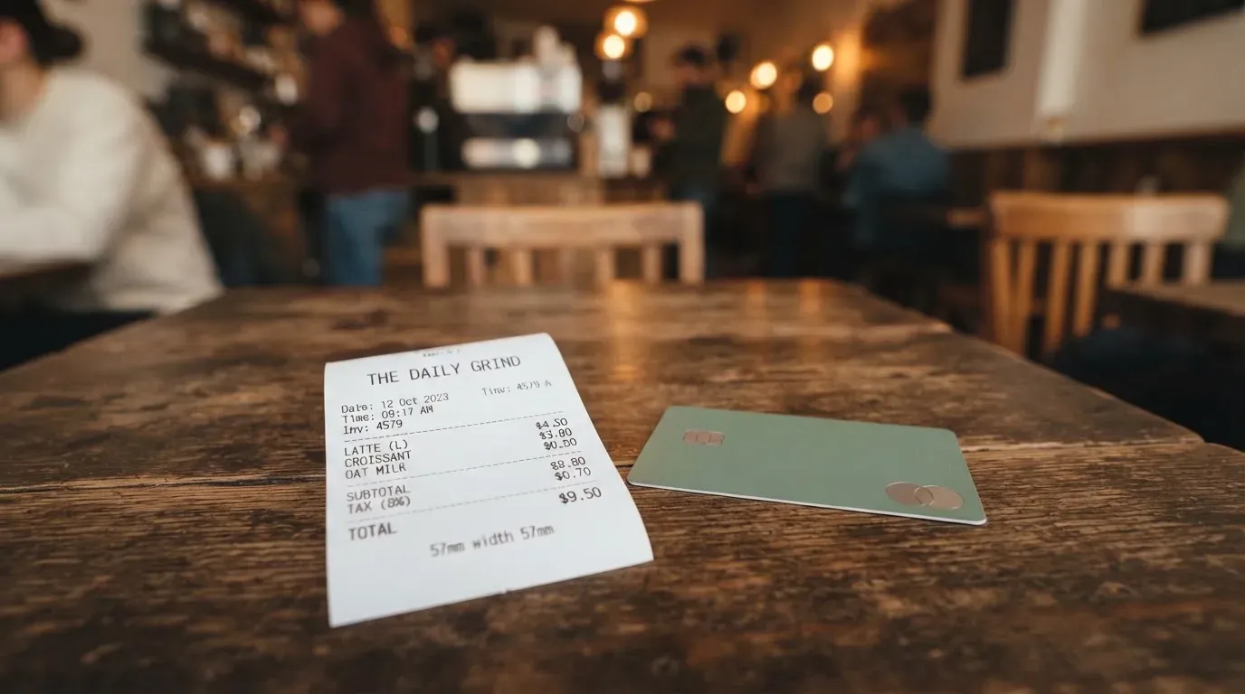 A receipt and a card on a café table
