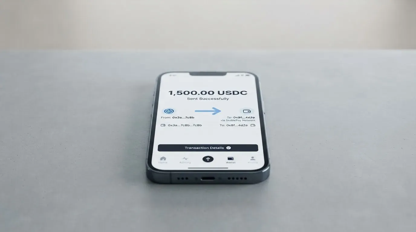 A phone showing a stablecoin transfer screen