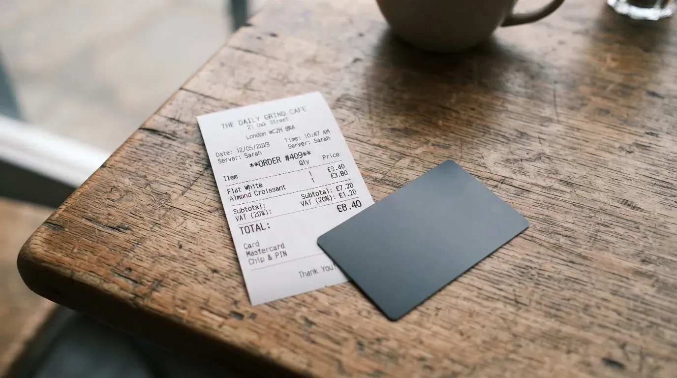 A receipt and a card on a café table