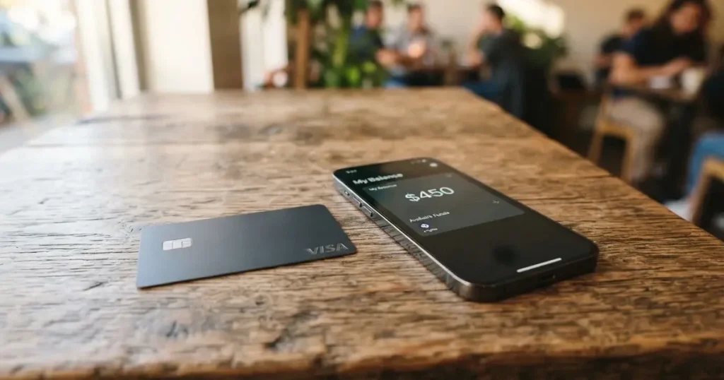 A payment card next to a phone with a crypto wallet app open