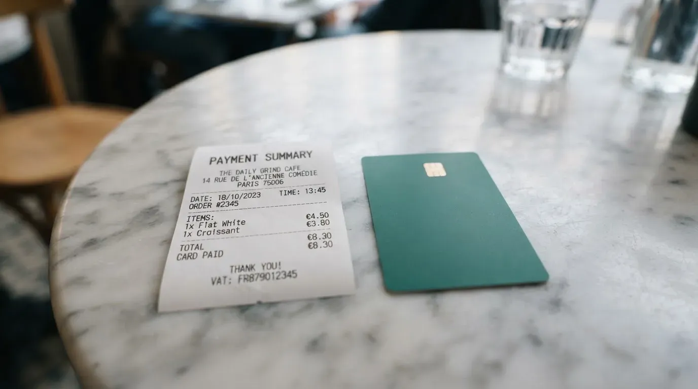 A receipt and a card on a café table