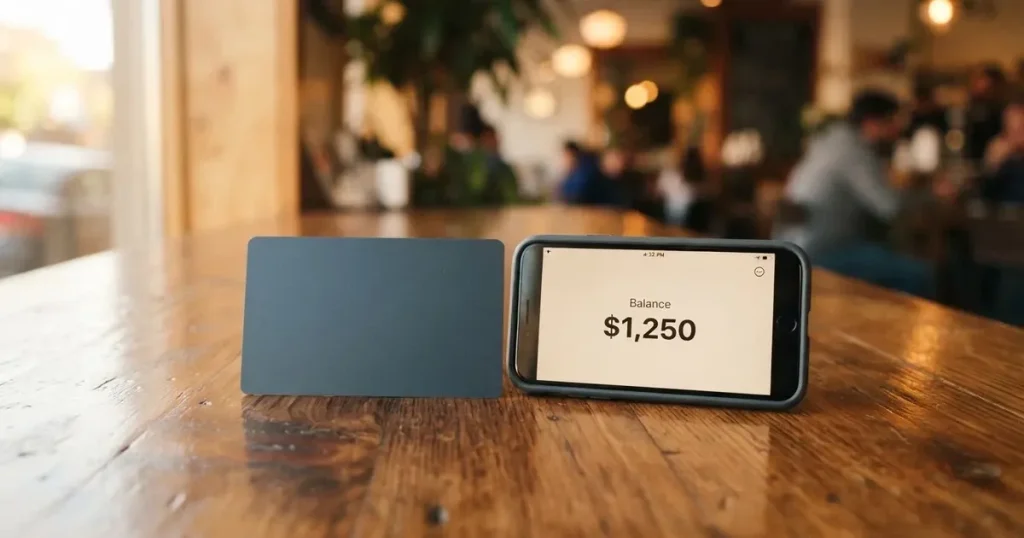 A payment card next to a phone with a crypto wallet app open