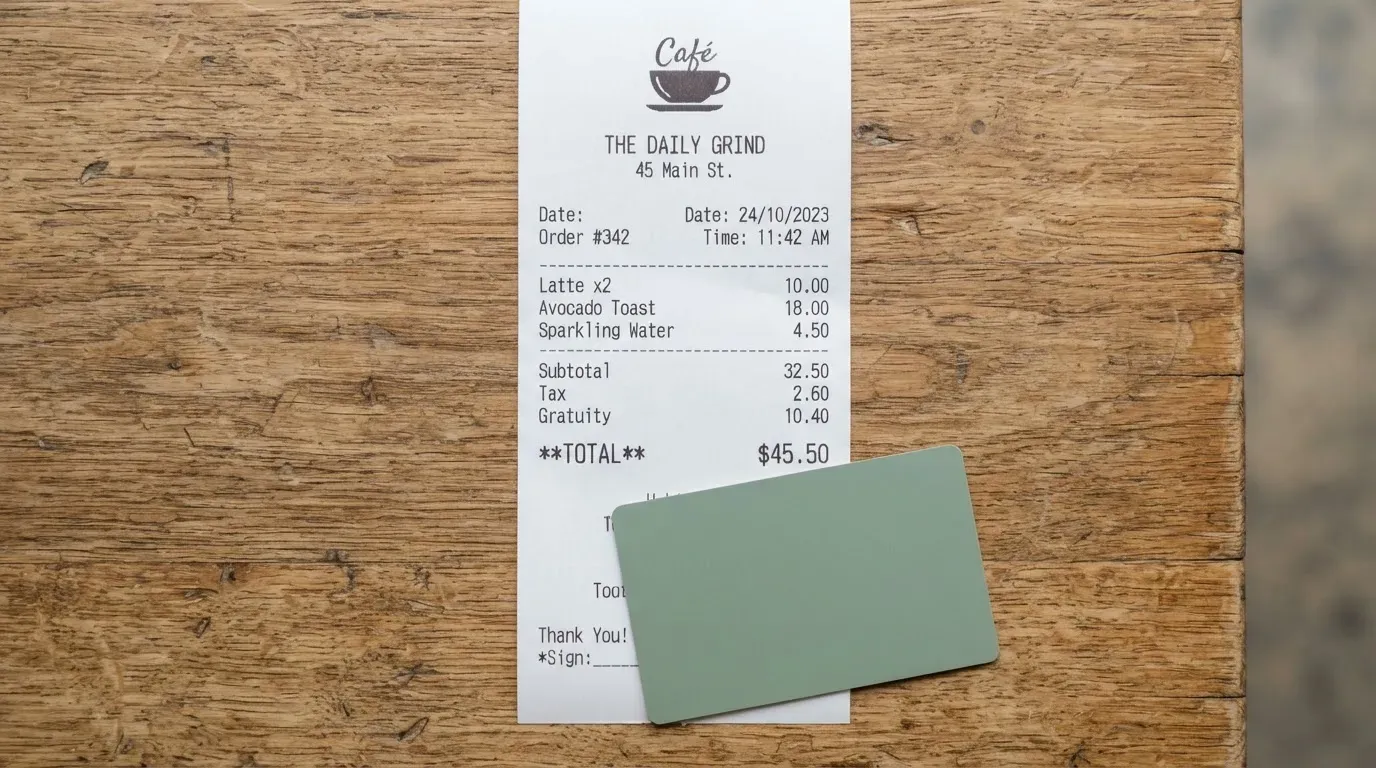 A receipt and a card on a café table