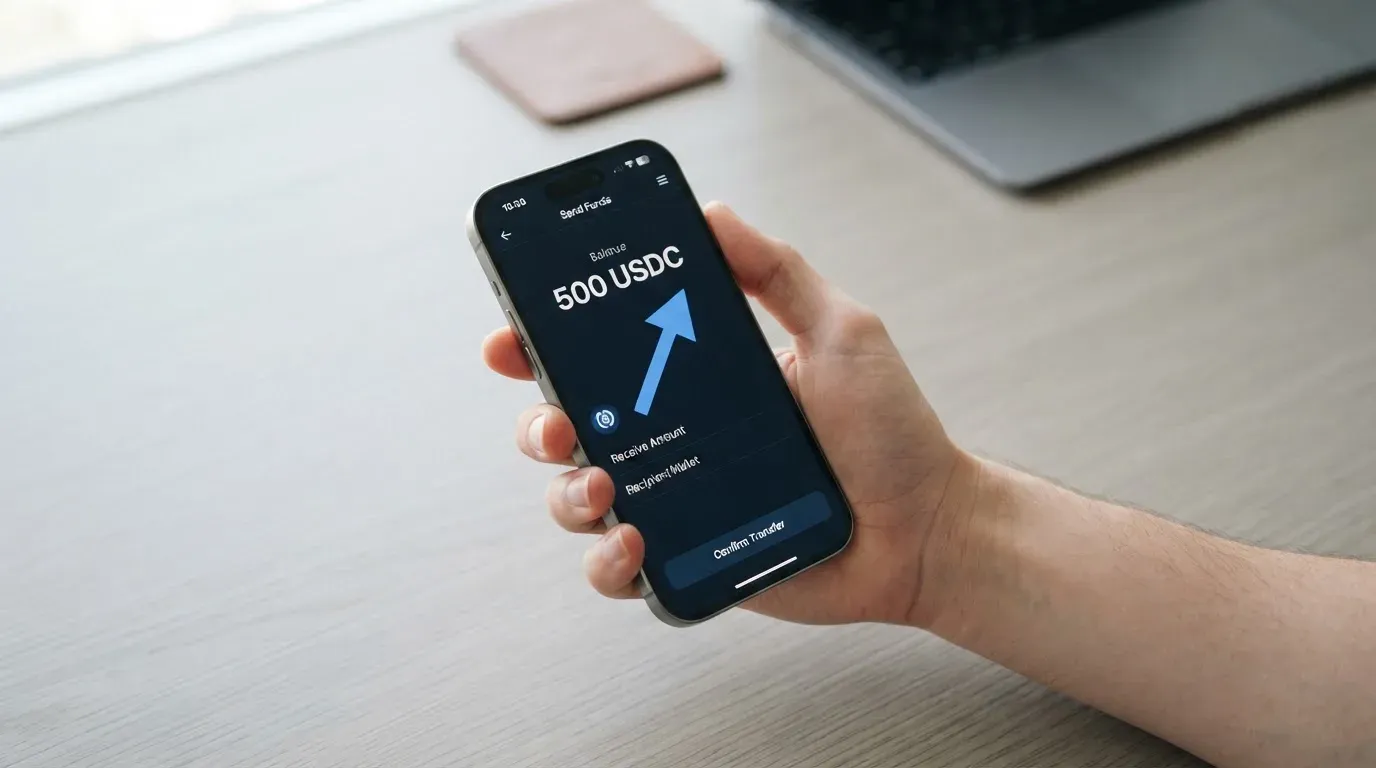 A phone showing a stablecoin transfer screen