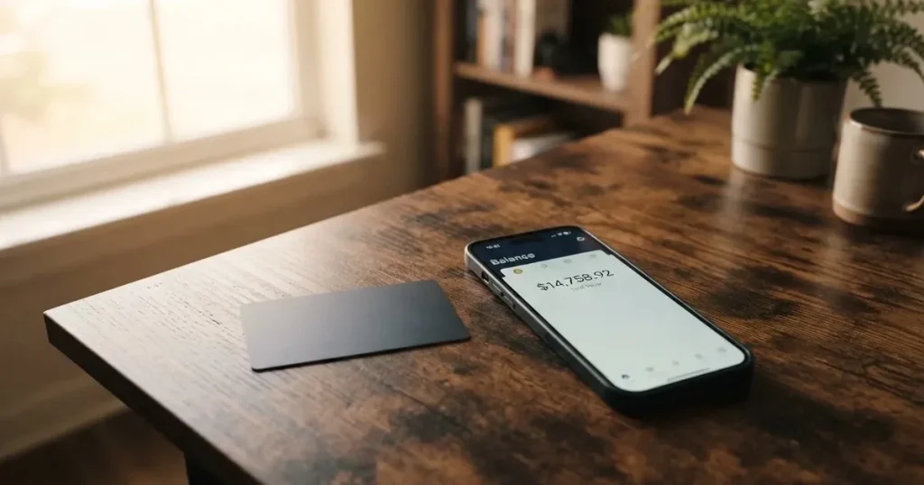 A payment card next to a phone with a crypto wallet app open