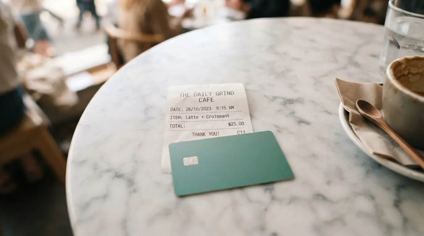 A receipt and a card on a café table