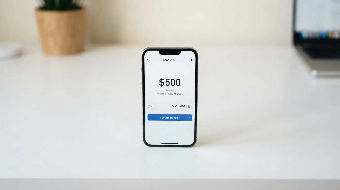 A phone showing a stablecoin transfer screen