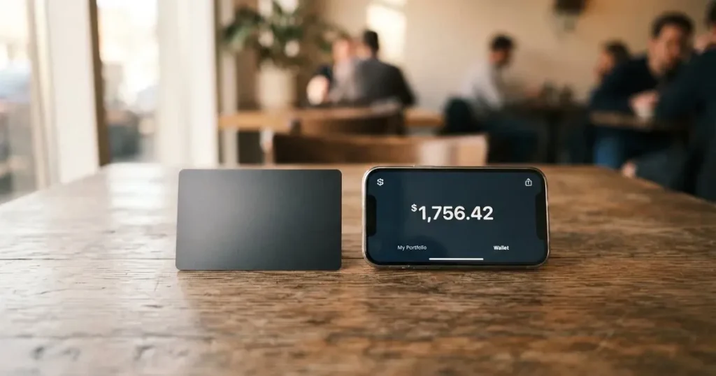 A payment card next to a phone with a crypto wallet app open