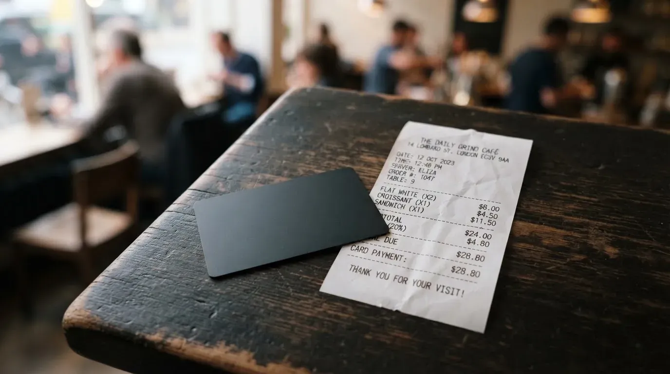A receipt and a card on a café table