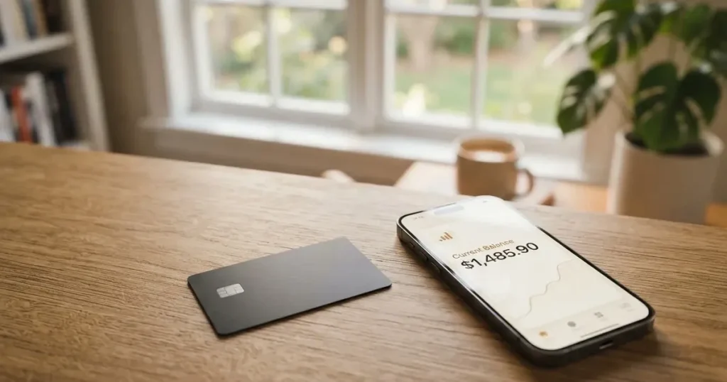 A payment card next to a phone with a crypto wallet app open