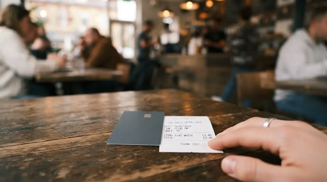 A receipt and a card on a café table