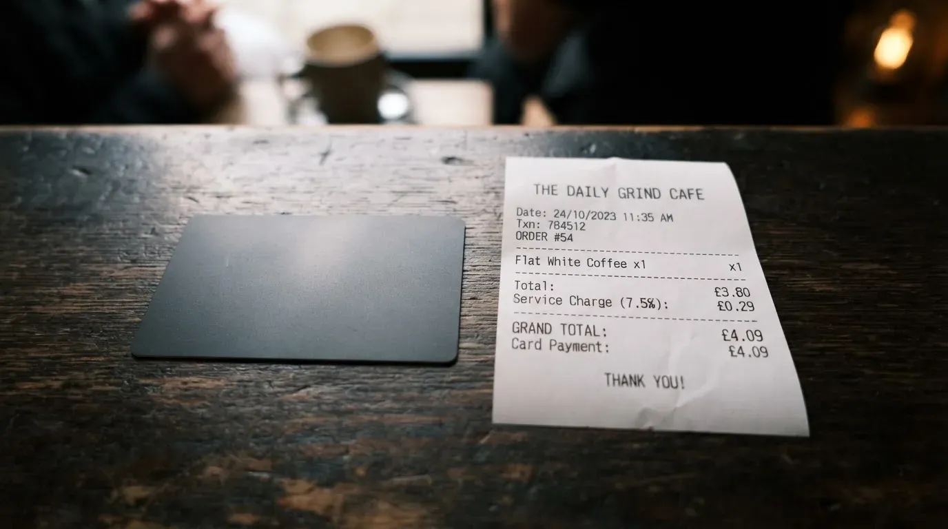 A receipt and a card on a café table