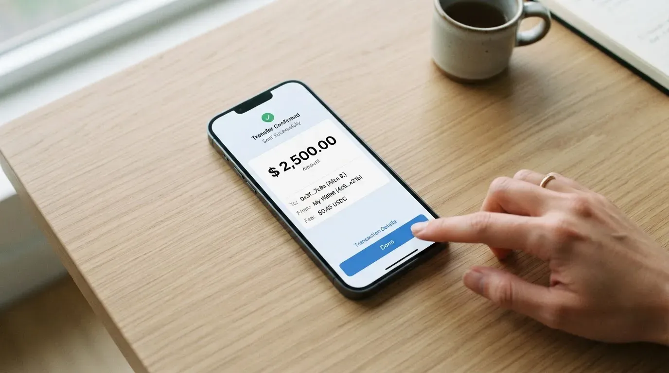 A phone showing a stablecoin transfer screen
