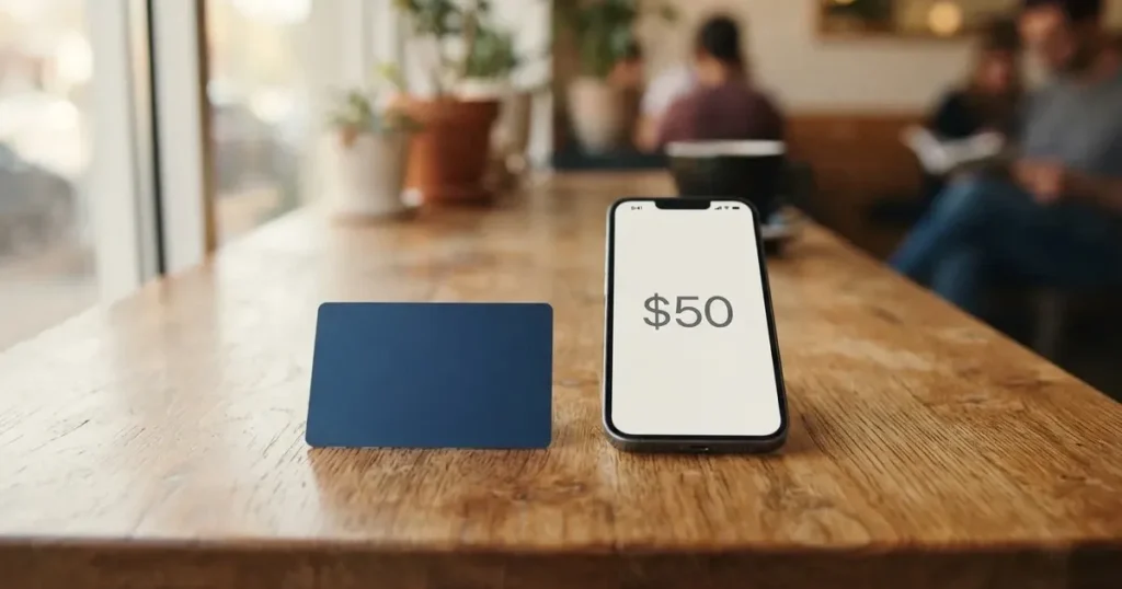 A payment card next to a phone with a crypto wallet app open