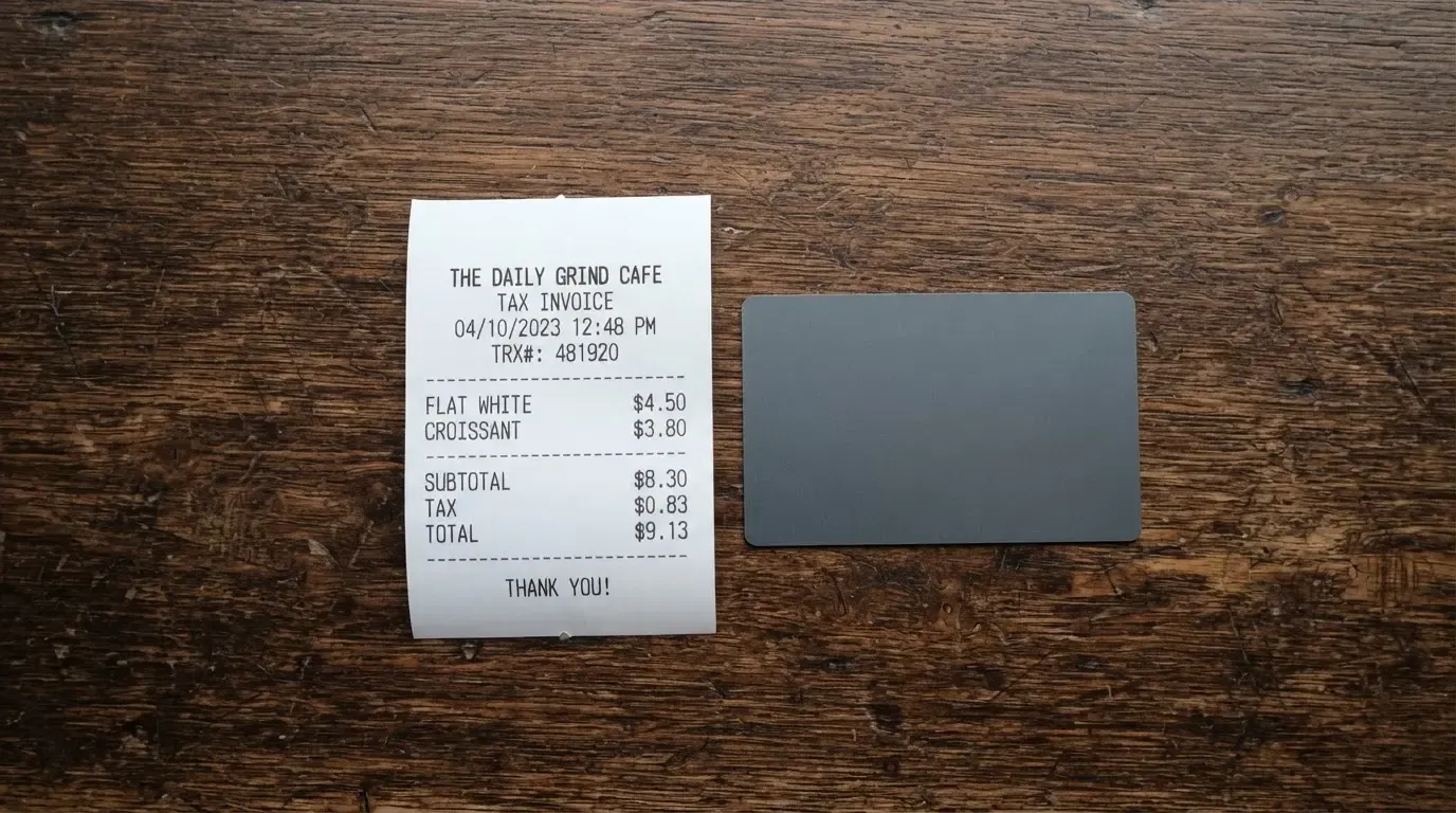 A receipt and a card on a café table