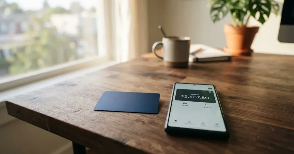 A payment card next to a phone with a crypto wallet app open