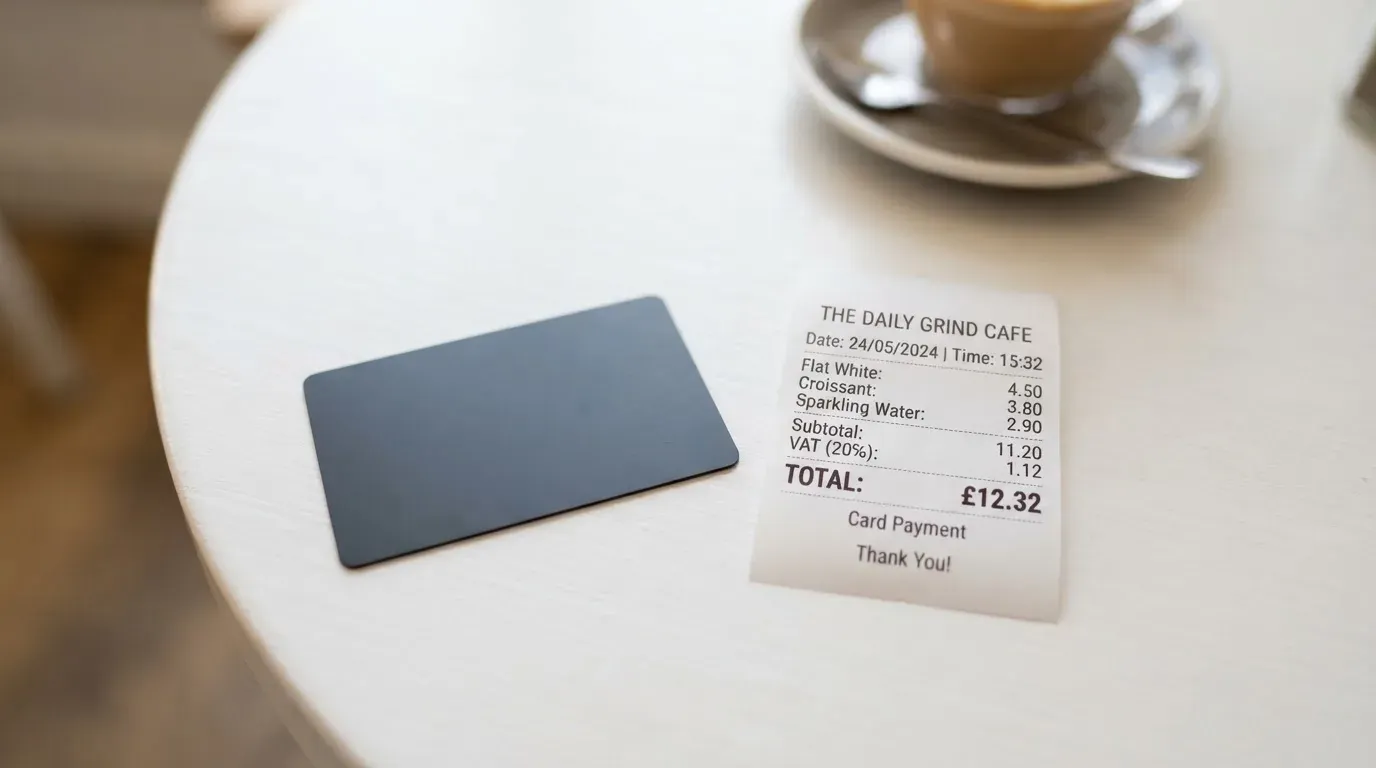 A receipt and a card on a café table