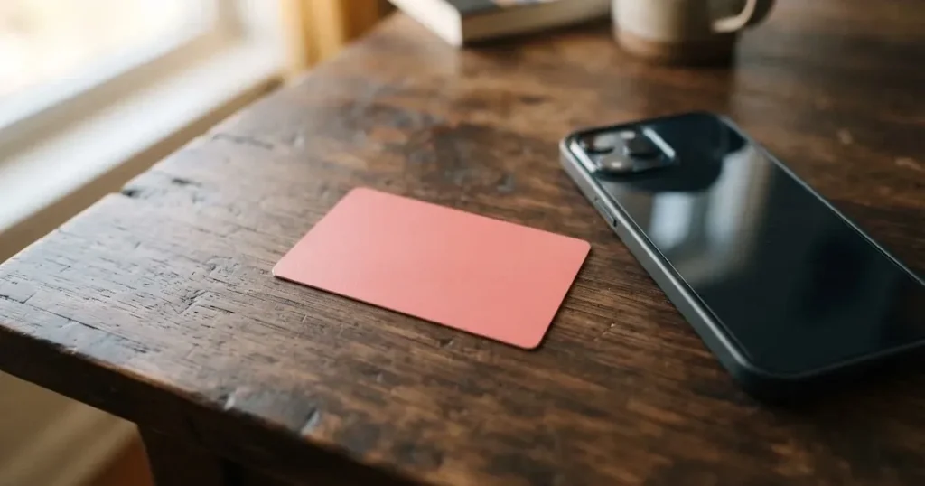 A payment card next to a phone with a crypto wallet app open