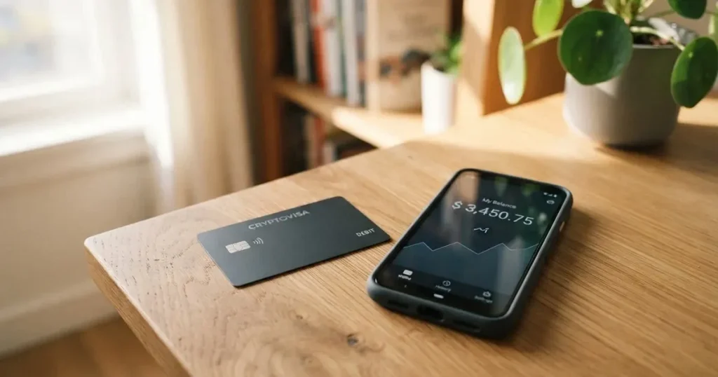 A payment card next to a phone with a crypto wallet app open