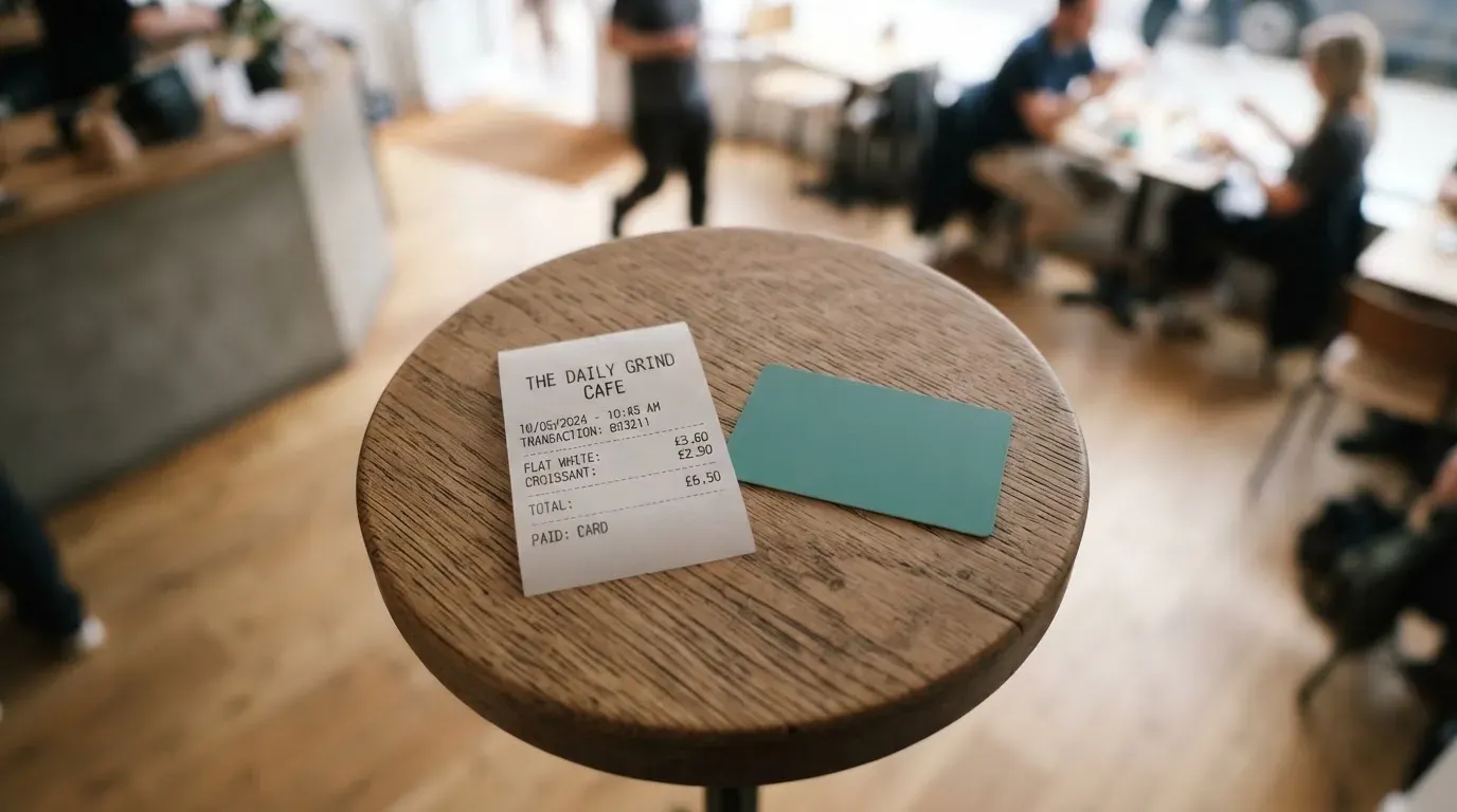 A receipt and a card on a café table