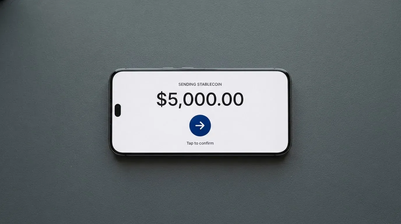 A phone showing a stablecoin transfer screen